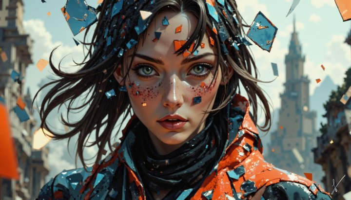 Close-up portrait of a woman with green eyes, freckles, and floating glass shards in front of a city.
