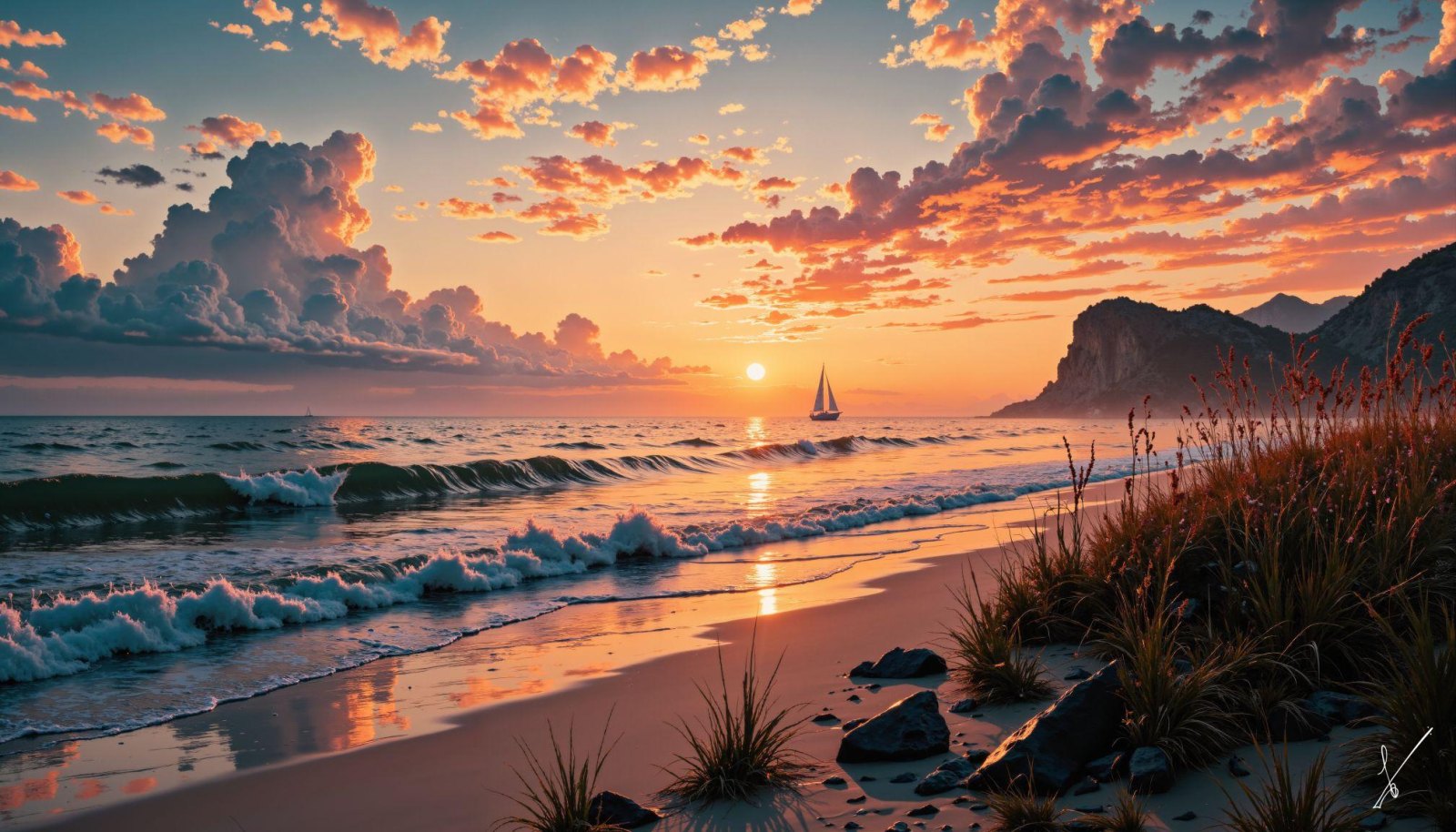 Sunset over beach with sailboat, waves, and dune grass