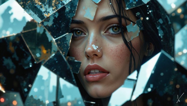 Close-up portrait of a woman's face surrounded by broken mirror shards reflecting light.