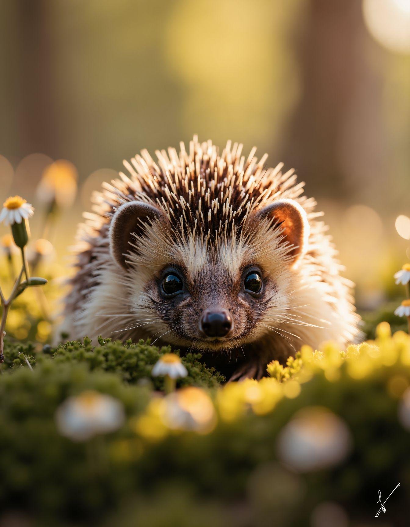Cute hedgehog peeking from mossy ground with small white flowers in sunlit nature setting