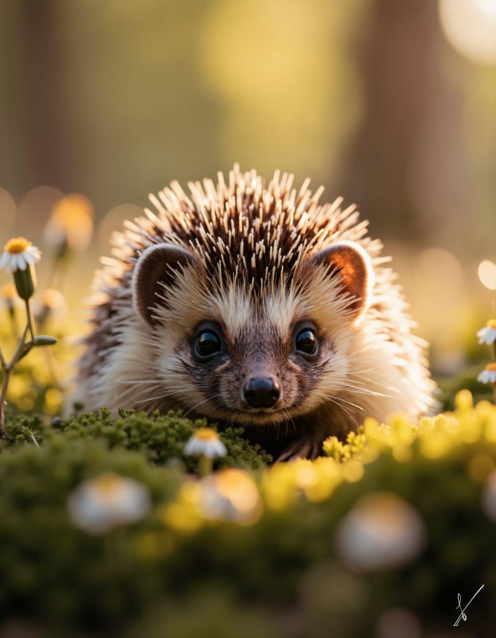 Cute hedgehog peeking from mossy ground with small white flowers in sunlit nature setting