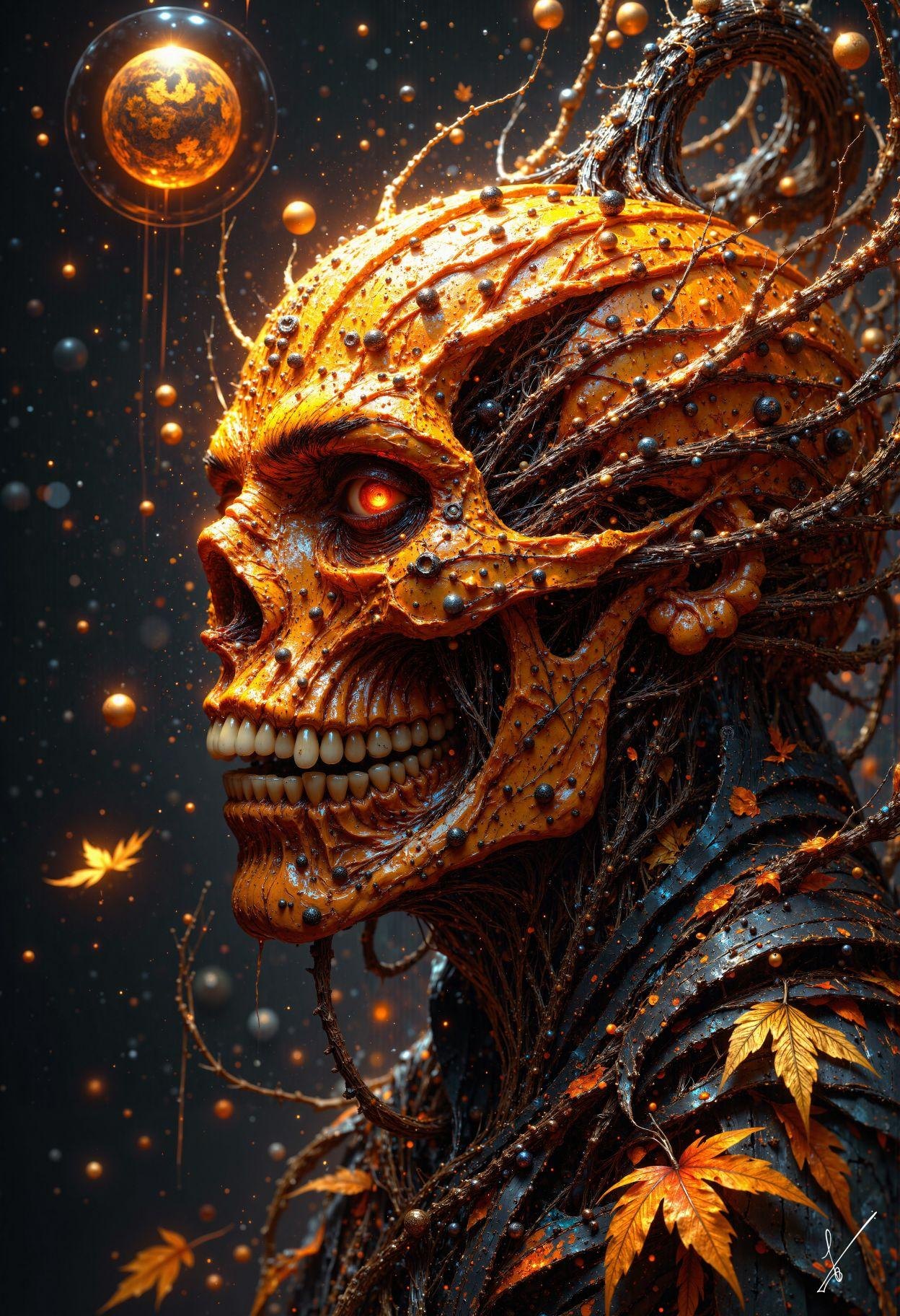 Profile of an orange skull with glowing red eye, vines, and autumn leaves against a cosmic background.