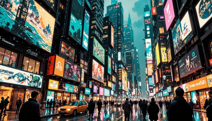 Futuristic city street with tall buildings, bright neon signs, and people walking on a wet road.
