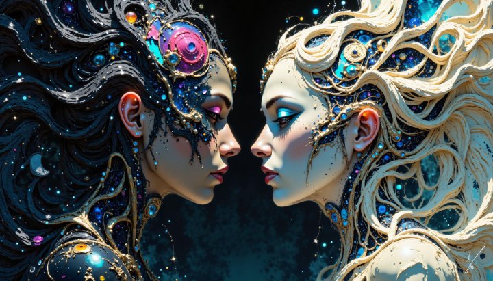 Two women facing each other with galaxy-themed hair and jewelry