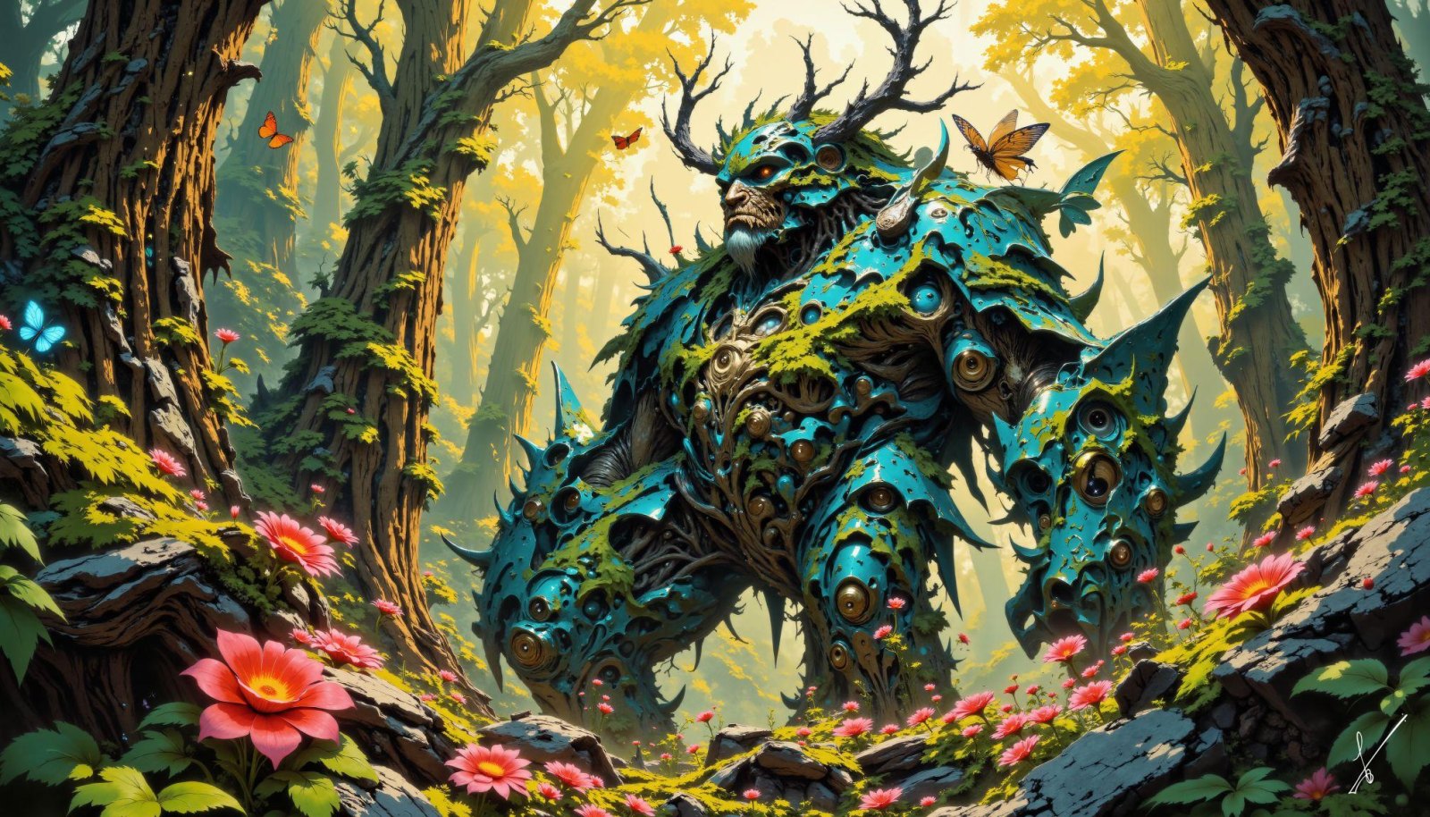 Mossy forest guardian surrounded by flowers and butterflies