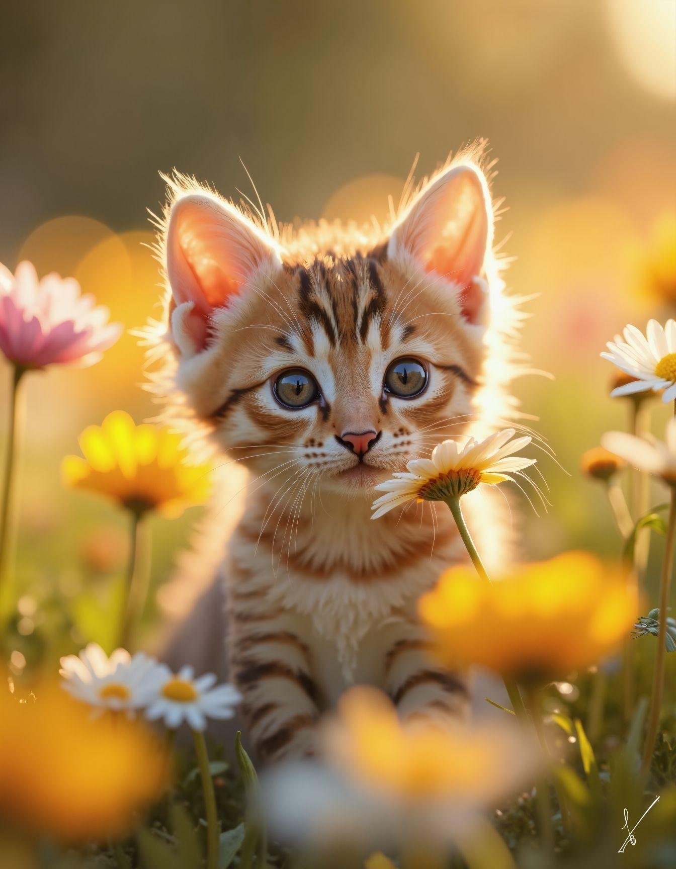 Fluffy tabby kitten surrounded by colorful flowers in sunlit meadow
