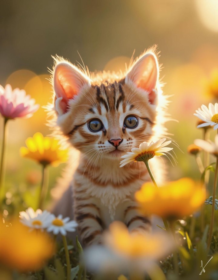 Fluffy tabby kitten surrounded by colorful flowers in sunlit meadow