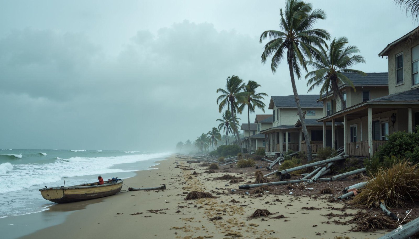 Stormy beach scene with palm trees, coastal houses, and a small boat on the shore under a cloudy sky.