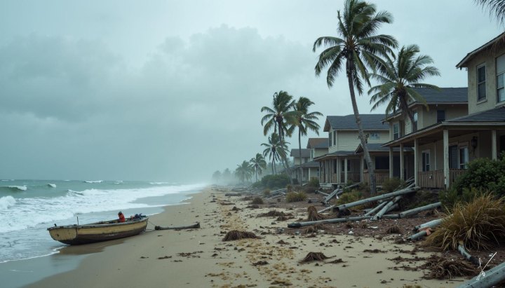 Stormy beach scene with palm trees, coastal houses, and a small boat on the shore under a cloudy sky.
