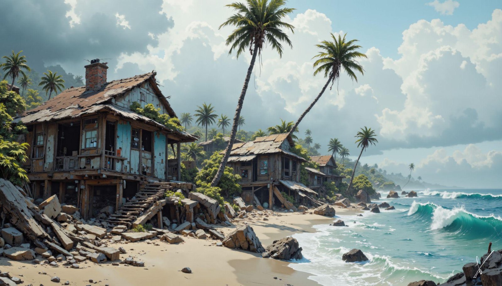 Abandoned wooden houses on stilts near a rocky beach with crashing waves and palm trees.