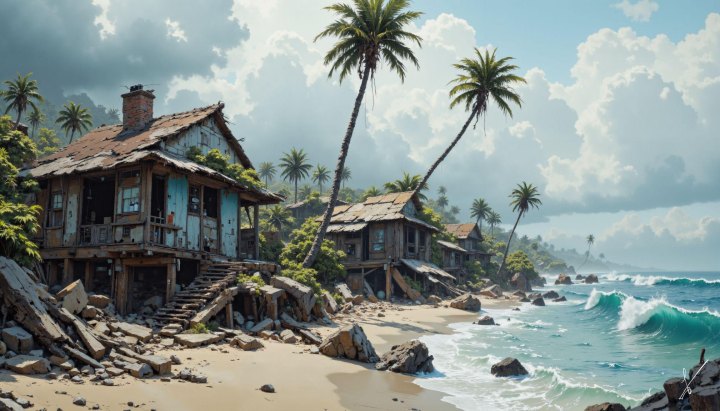 Abandoned wooden houses on stilts near a rocky beach with crashing waves and palm trees.