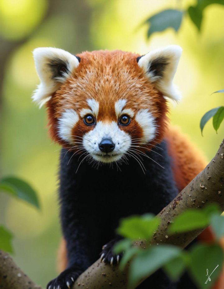 Close-up of a red panda on a tree branch with blurred green leaves in the background.