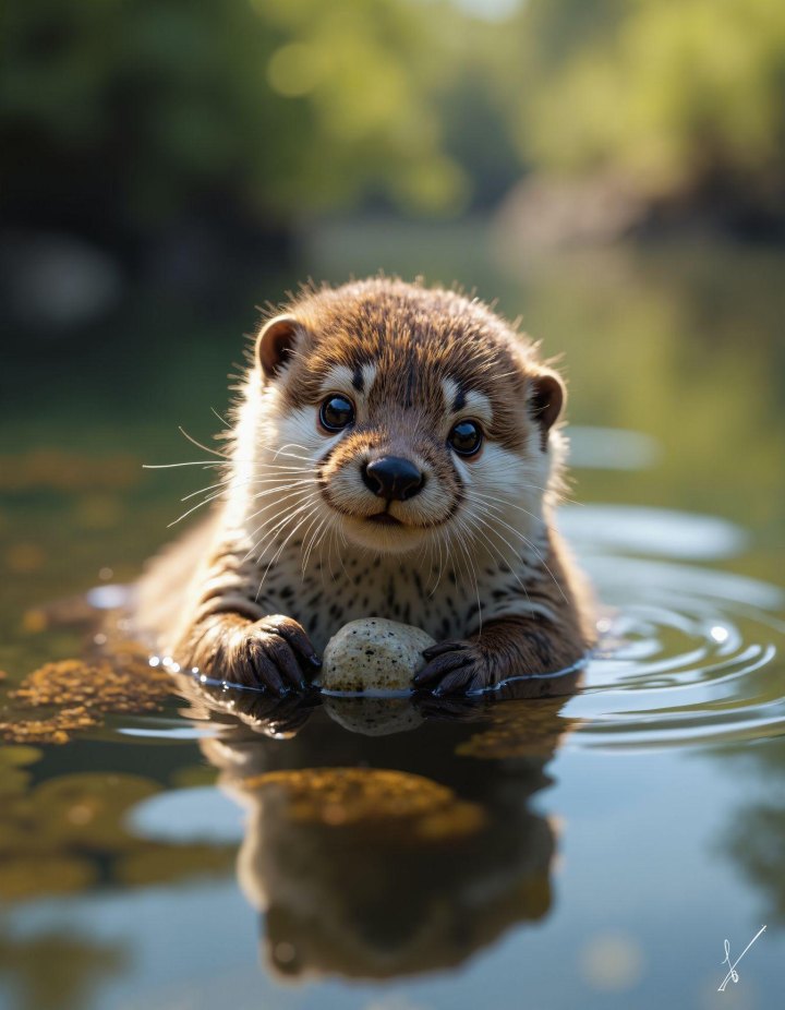 Otter holding a stone in water with blurred green background