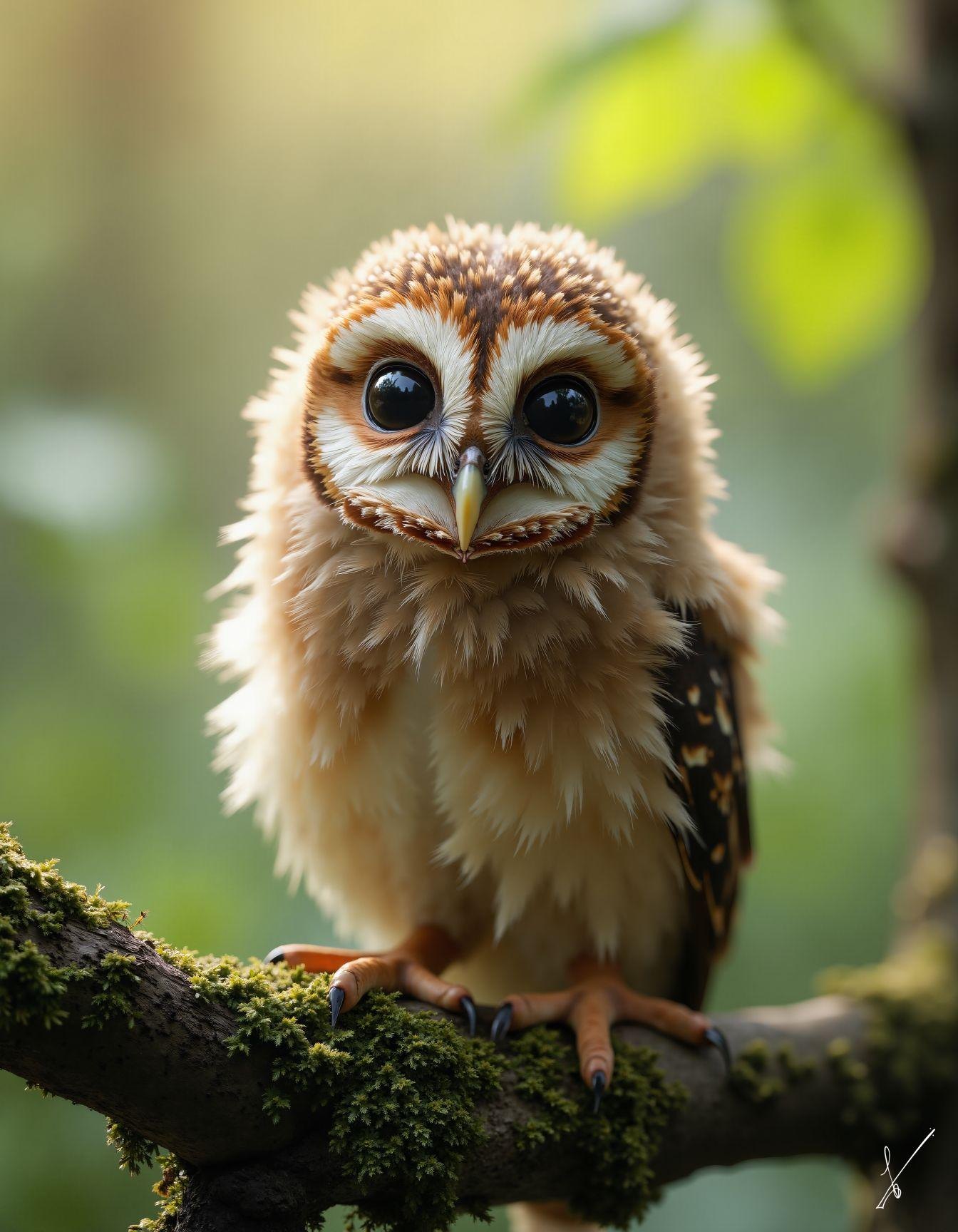 Close-up of a fluffy brown owl with big black eyes sitting on a moss-covered tree branch in a forest.
