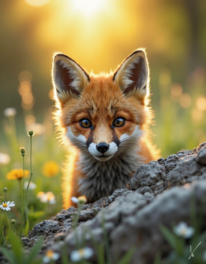 Portrait of a curious fox peeking over a dirt mound in a sunny meadow with flowers.