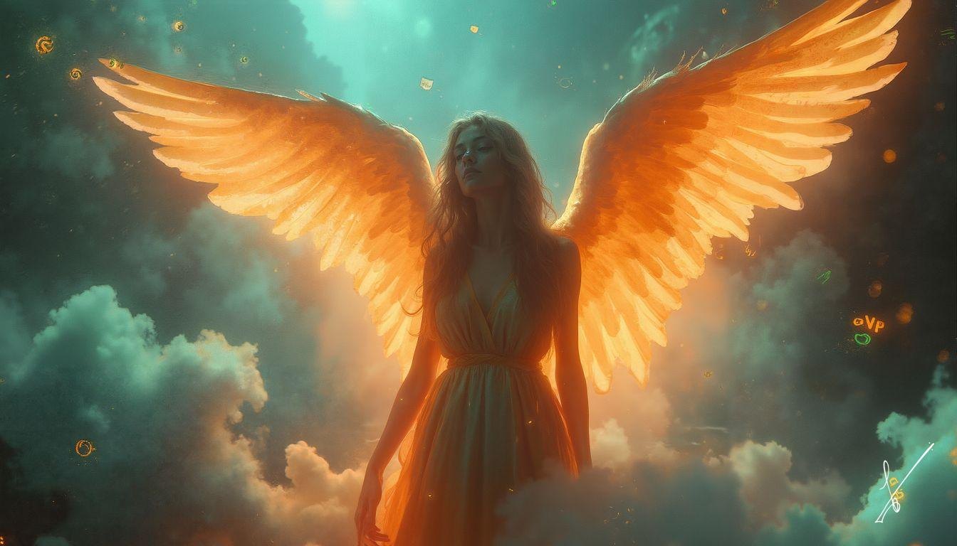 An angel with large golden wings stands among teal and orange clouds in soft light.