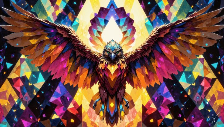 Geometric bird with colorful wings in front of a mosaic background