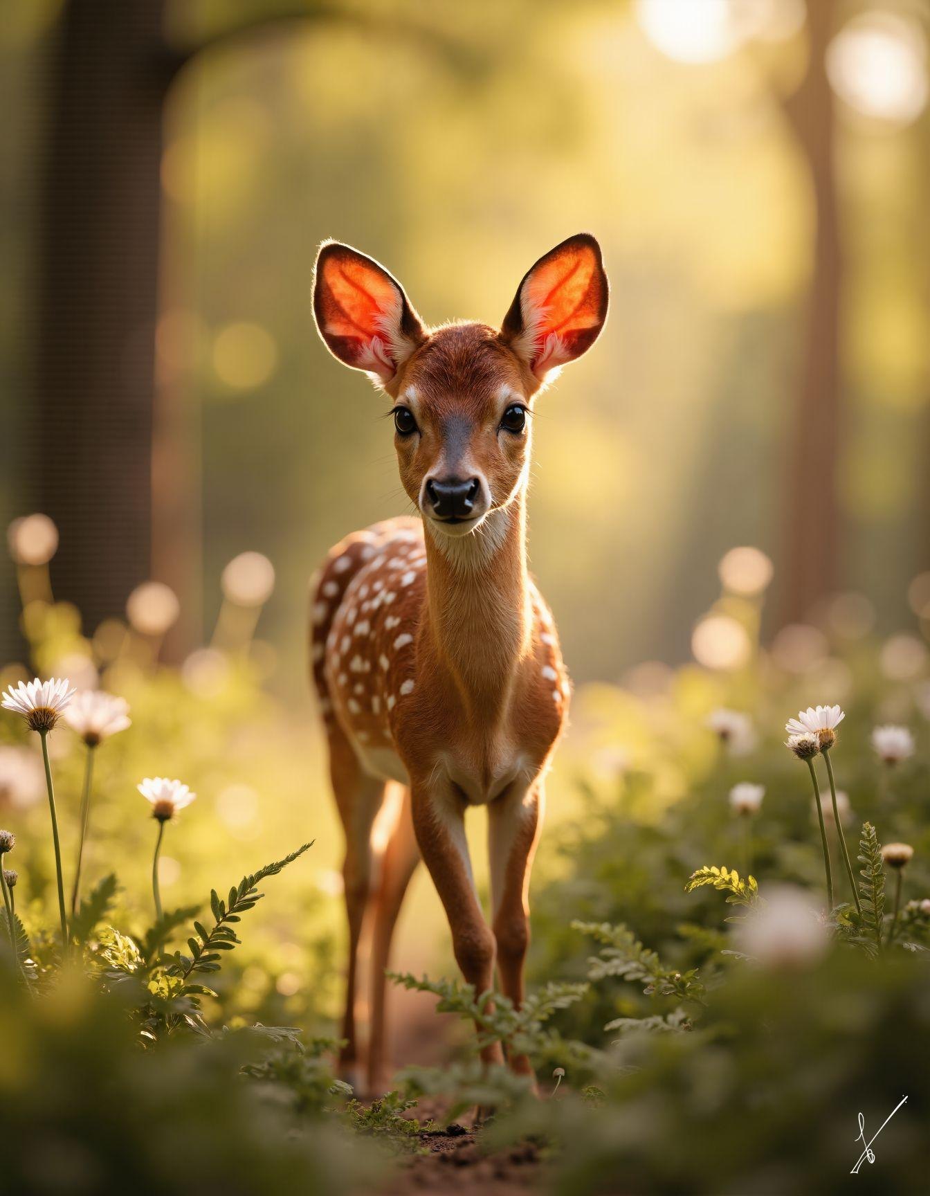 A young deer with white spots stands in a sunlit forest among flowers and ferns.