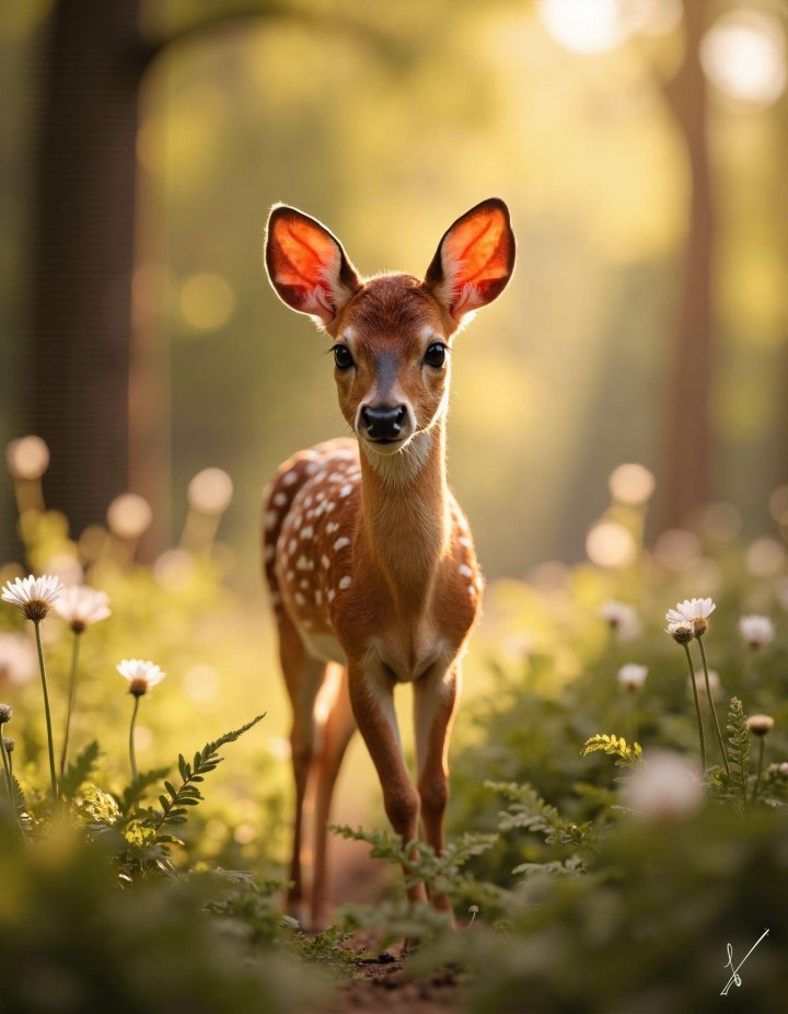 A young deer with white spots stands in a sunlit forest among flowers and ferns.
