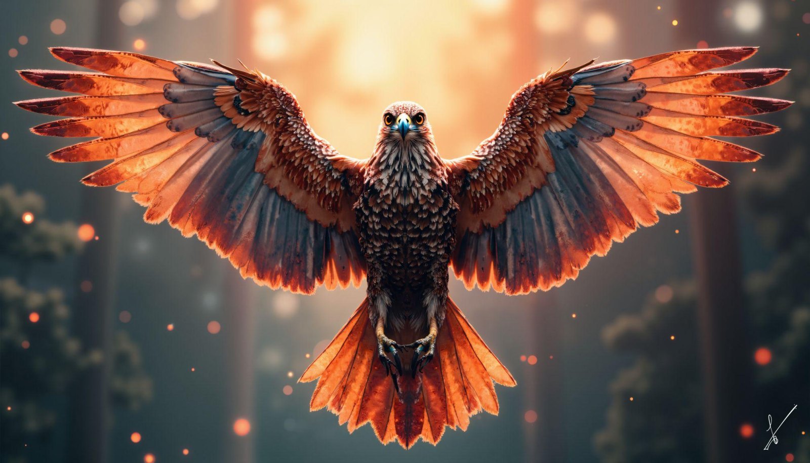 Hawk flying in forest with glowing orange feathers and bokeh background