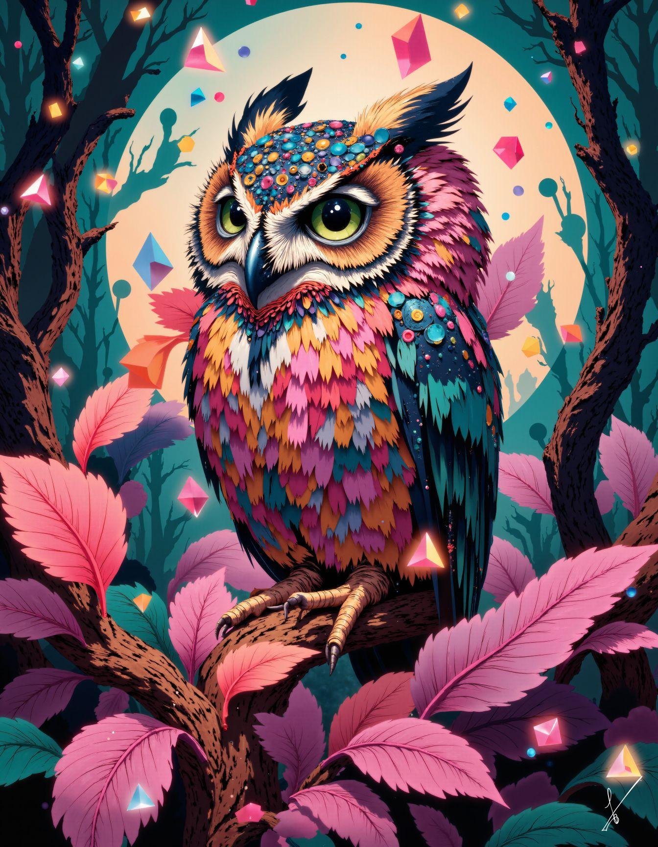 Colorful owl with gem feathers sits on a branch among pink leaves, glowing crystals, and a full moon in a mystical forest.