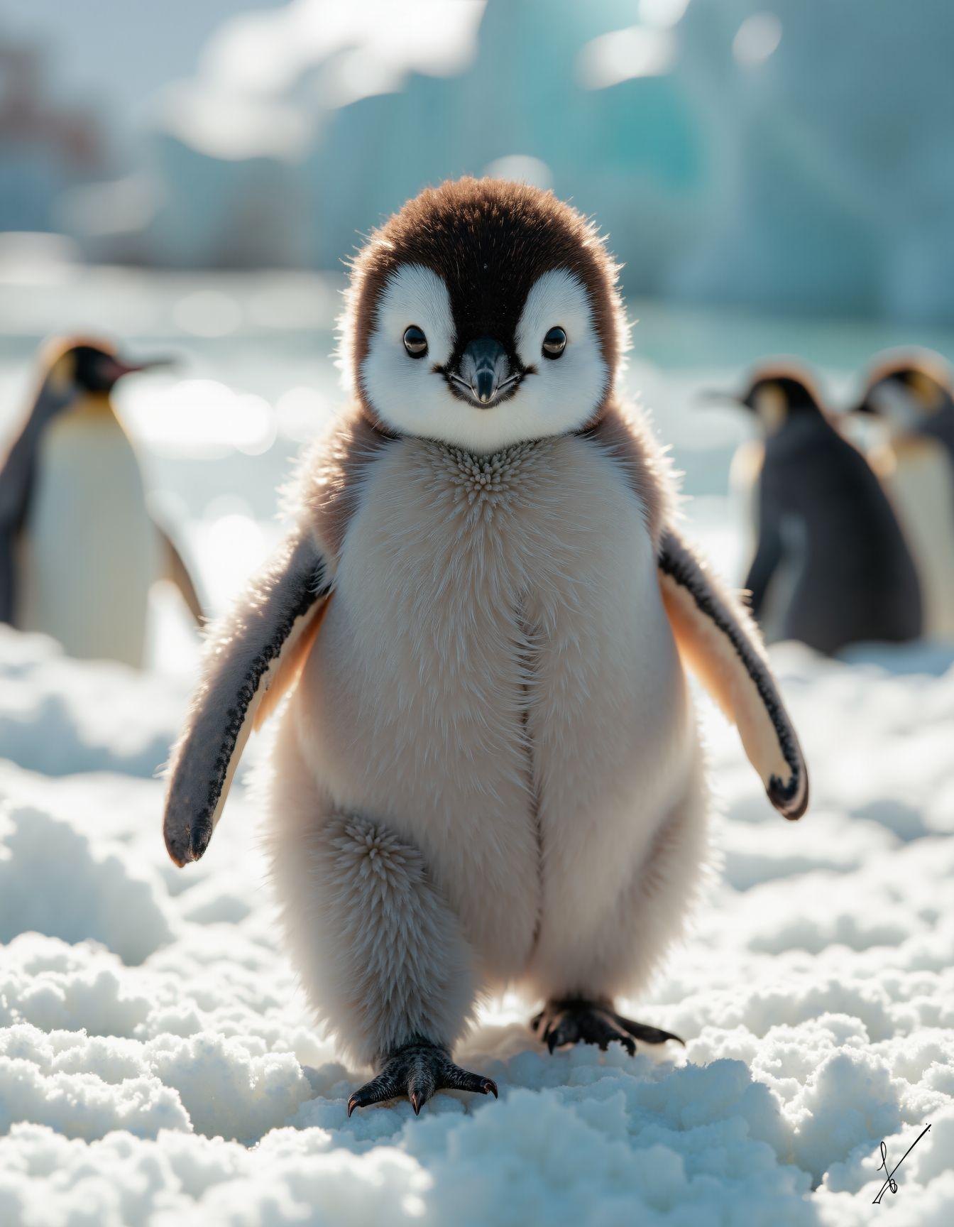 A fluffy baby penguin standing on snow with other penguins in the background.