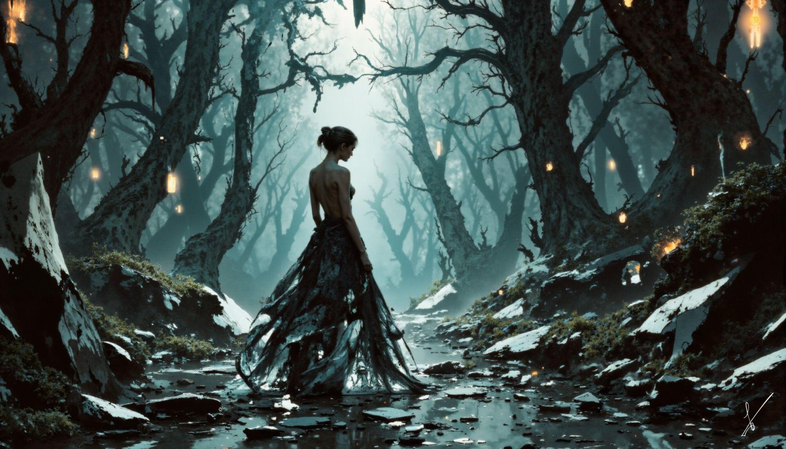 Woman in gown standing in misty forest with glowing lanterns and twisted trees.