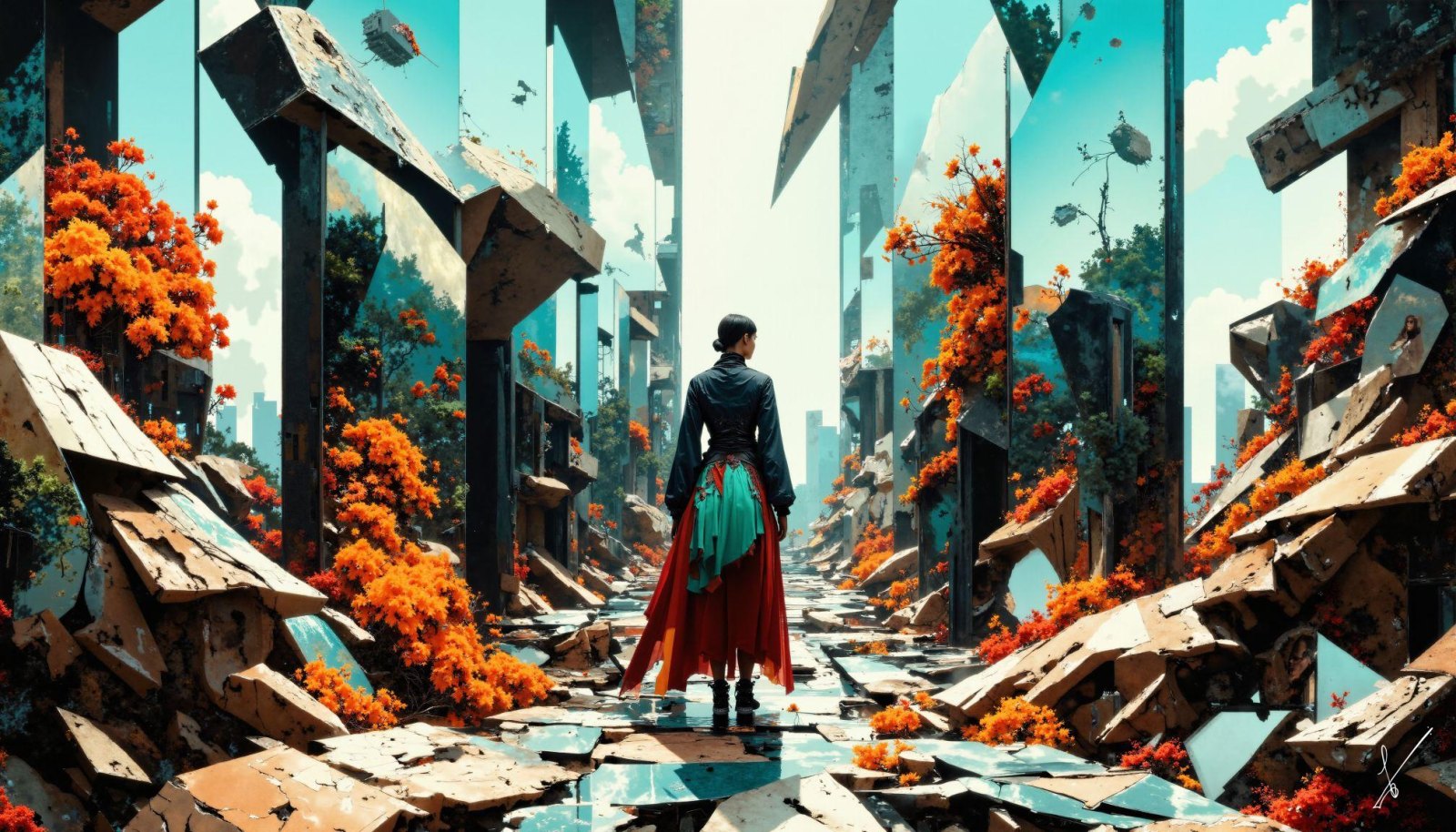 Person walking through ruined futuristic city with orange flowers and blue sky