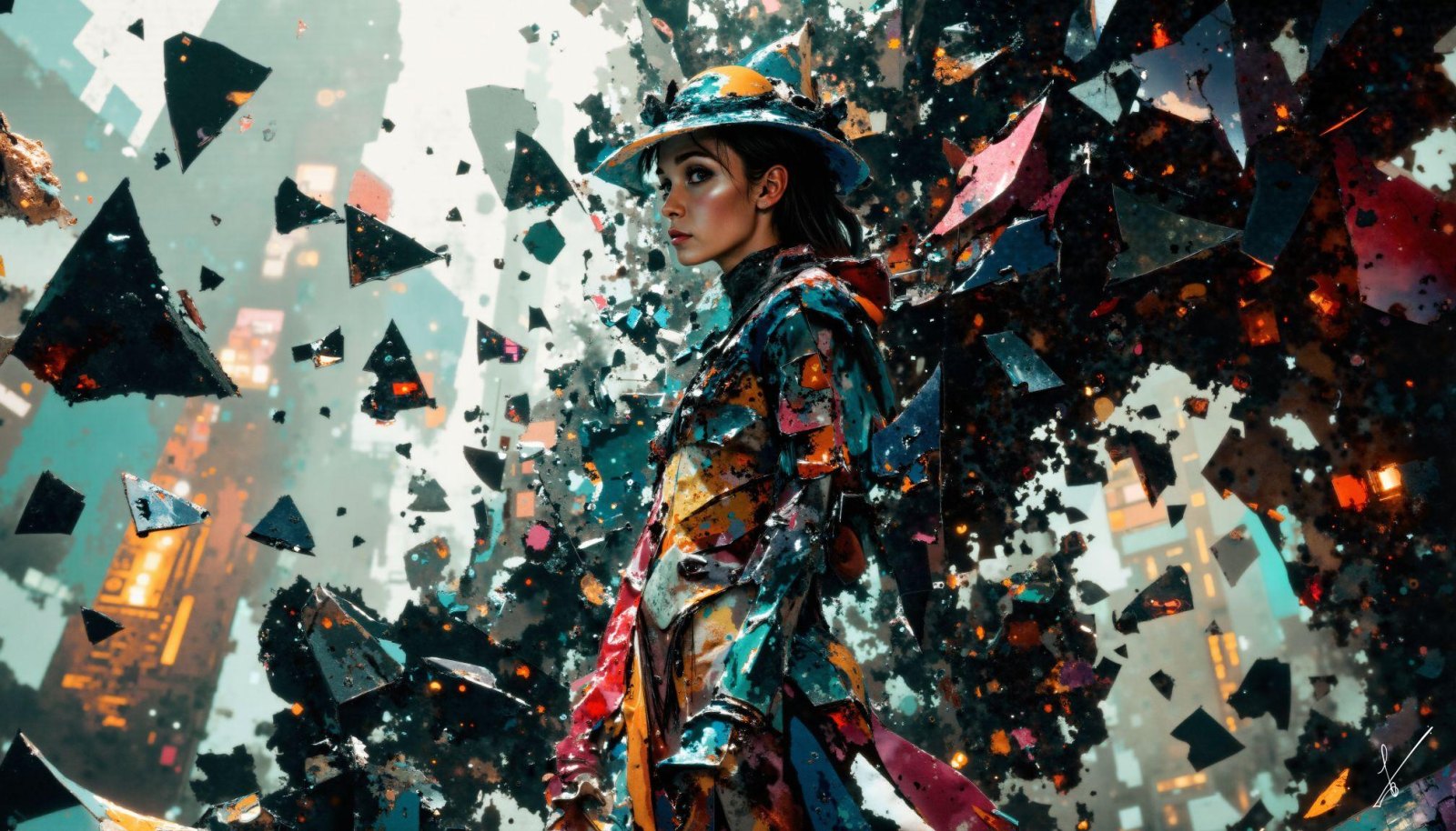 Stylized figure in a hat surrounded by floating shards and glowing embers against a blurred city background.