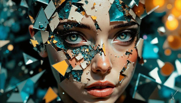 Close-up of a woman's face partially covered in shattered glass shards and geometric shapes.