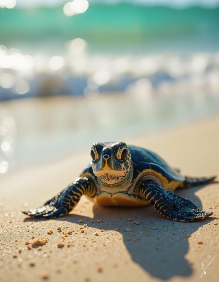 Baby sea turtle on sandy beach near ocean waves