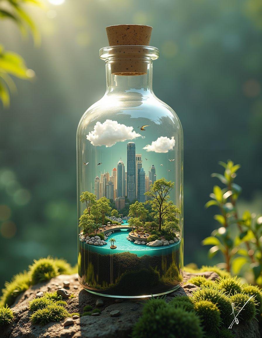Glass bottle holding a miniature city with trees, water, and clouds inside, sitting on mossy rocks.