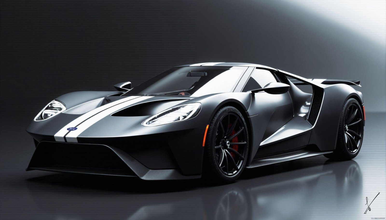 Silver sports car with white stripes on dark reflective surface