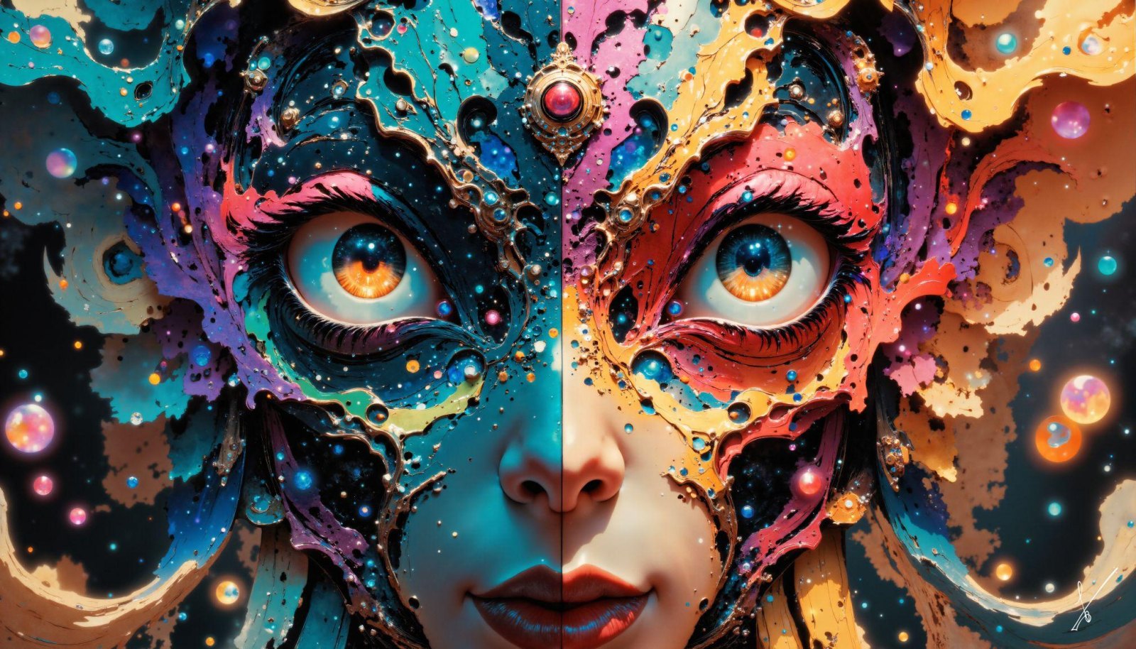 Split face portrait with cosmic patterns in blue and orange tones.