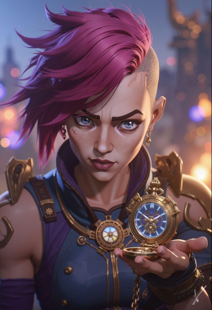 Portrait of a woman with pink hair holding a golden pocket watch in front of a cityscape.