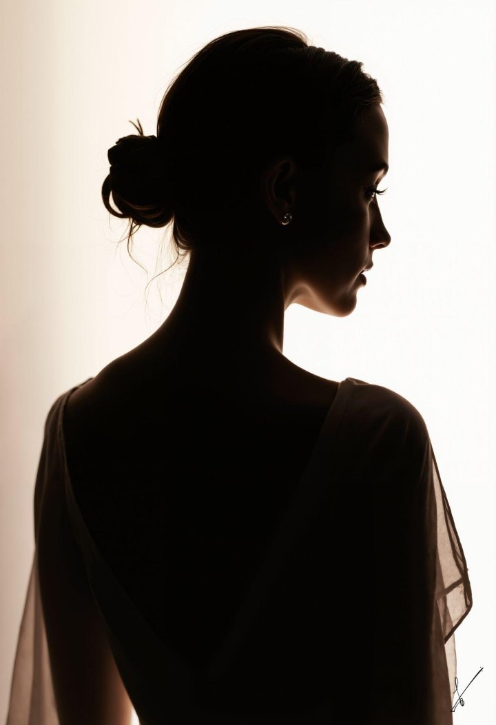 Silhouette of a woman in profile with an updo hairstyle against bright light.