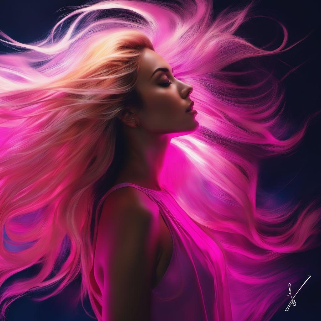 Portrait of a woman with glowing pink hair against a dark background, eyes closed.