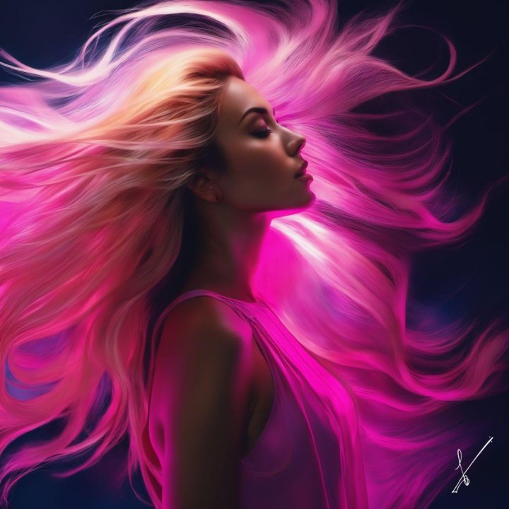 Portrait of a woman with glowing pink hair against a dark background, eyes closed.