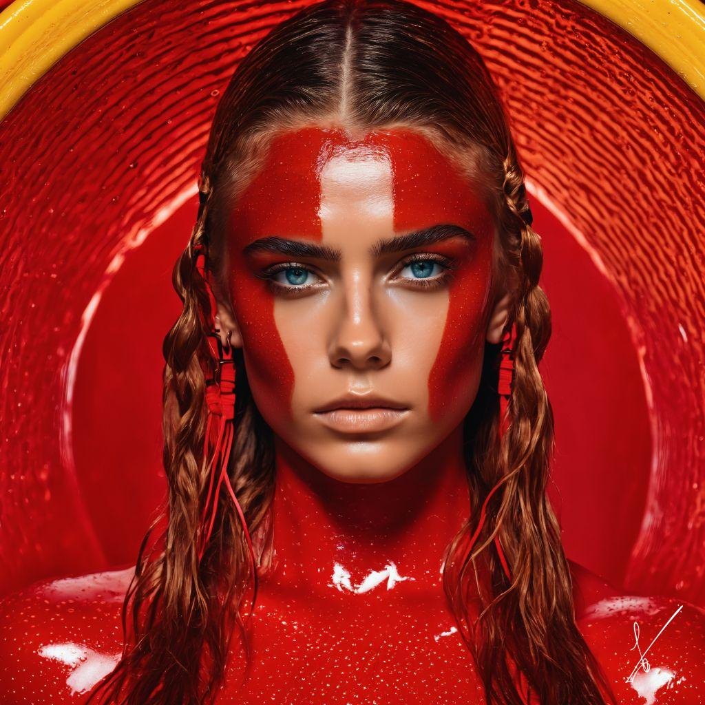 Portrait of a woman with red face paint and braided hair against a red circular background.