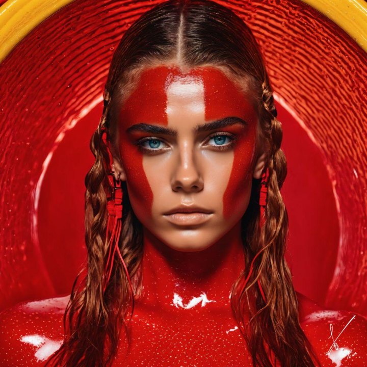 Portrait of a woman with red face paint and braided hair against a red circular background.