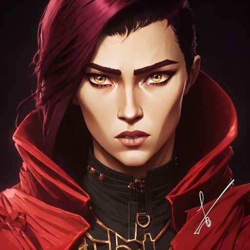 Portrait of a person with red hair and golden eyes in a red cloak