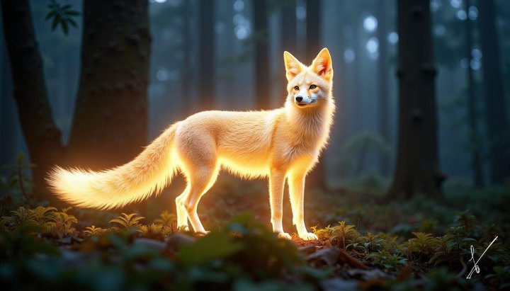 A glowing golden fox stands in a misty forest with tall trees and mossy ground.