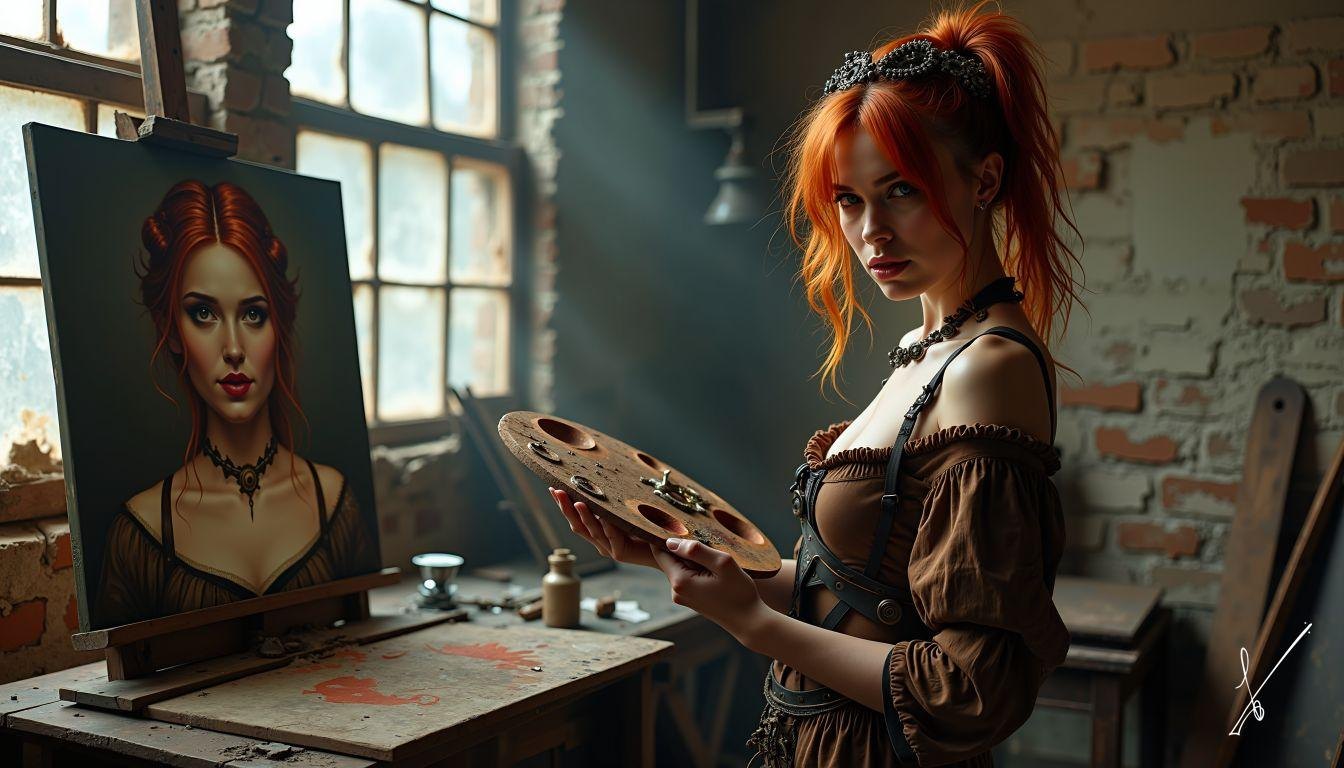 Woman with red hair holds a paint palette in a rustic studio next to an easel showing her portrait.
