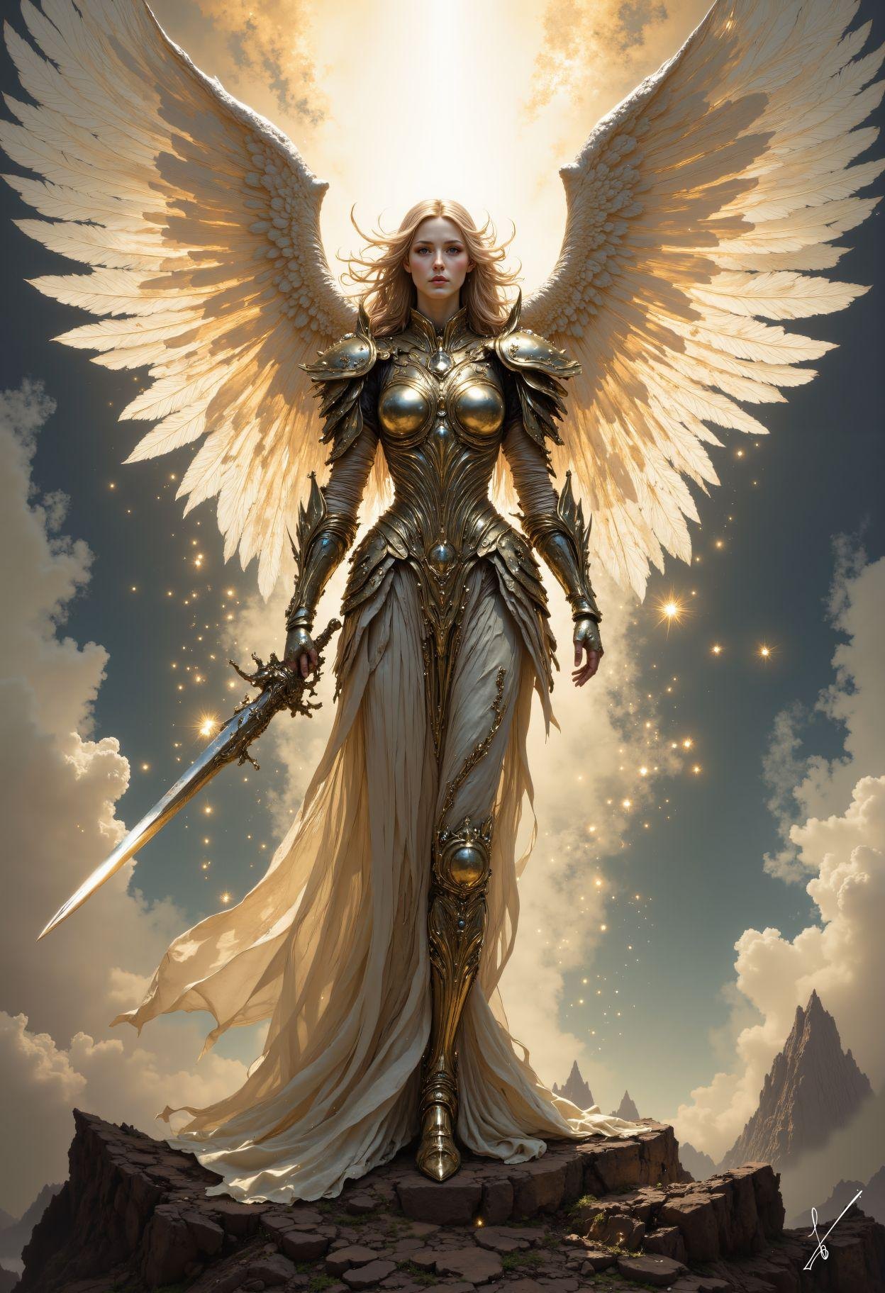 Female angel in golden armor with large white wings holding a sword on a rocky cliff under clouds.