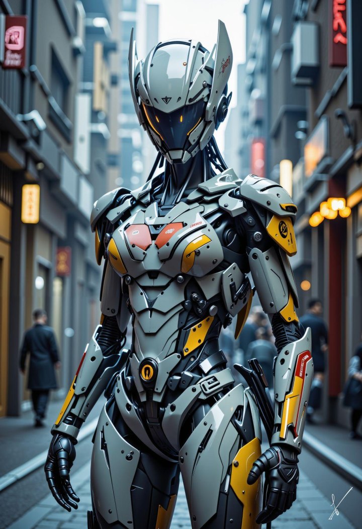 Silver and yellow armored robot standing in a city alleyway with blurred people and neon lights in the background.