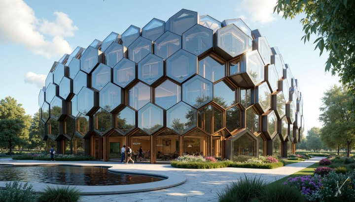 Futuristic hexagonal glass building in a park with a reflecting pool and visitors walking nearby.