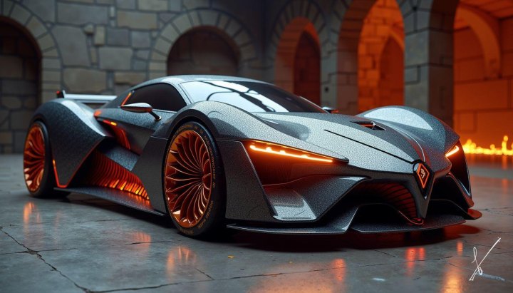 Futuristic silver hypercar with orange lights parked in a stone hall