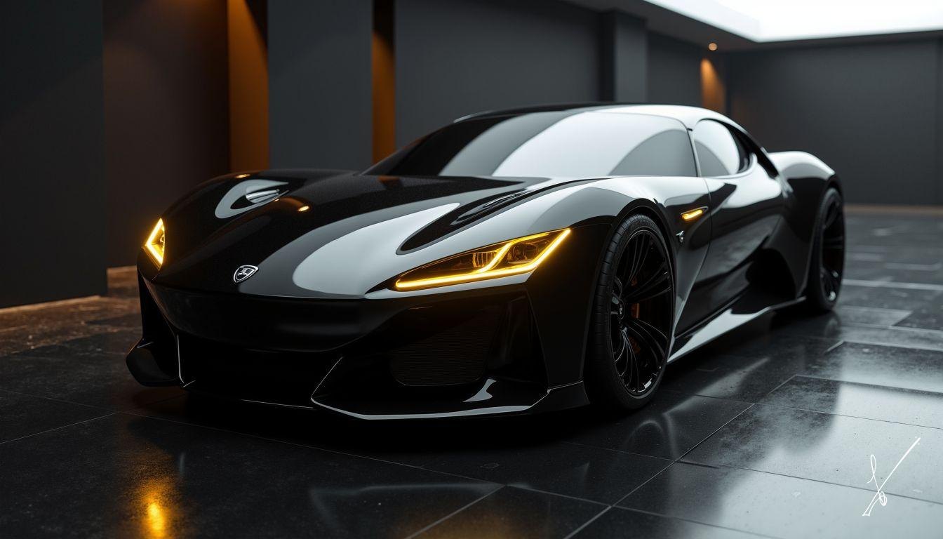 Black hypercar with glowing yellow lights in a dark, modern room.