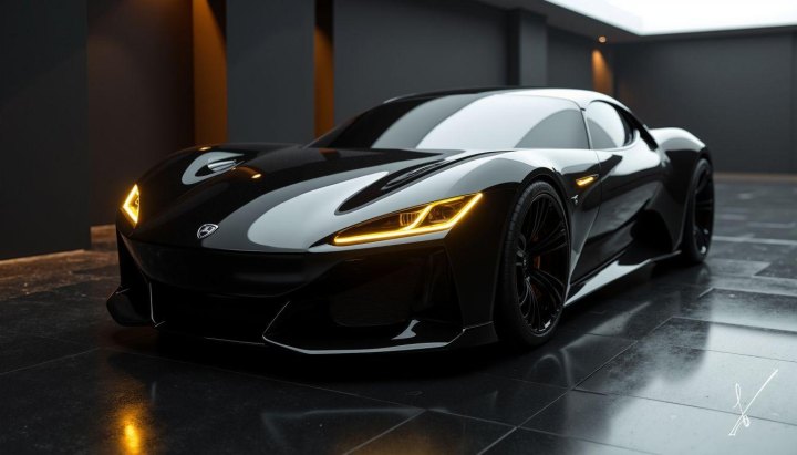 Black hypercar with glowing yellow lights in a dark, modern room.