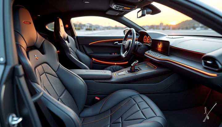 Interior of a luxury sports car with black leather seats, orange ambient lights, and a sunset visible through the windshield.